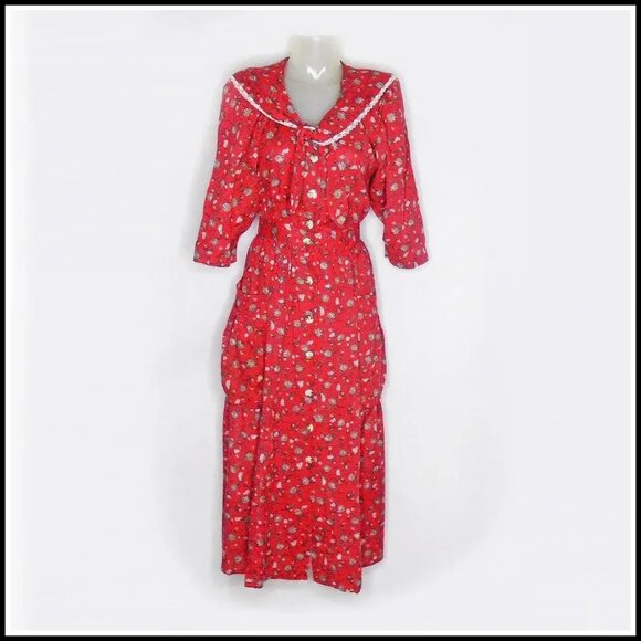 40s Style Red Dress, Sailor Collar Floral Frock with Pockets VFG 80s Vintage - Picture 2 of 14